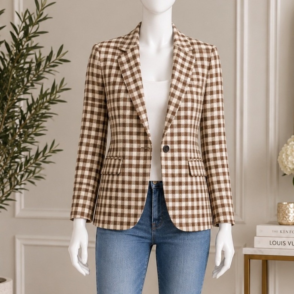 Madewell Gingham Check Blazer Brown White Wool Notched Lapel XS NWT